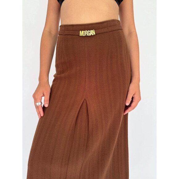 90s vintage brown Morgan belted casual dressy pleated high rise long midi skirt - Picture 6 of 8